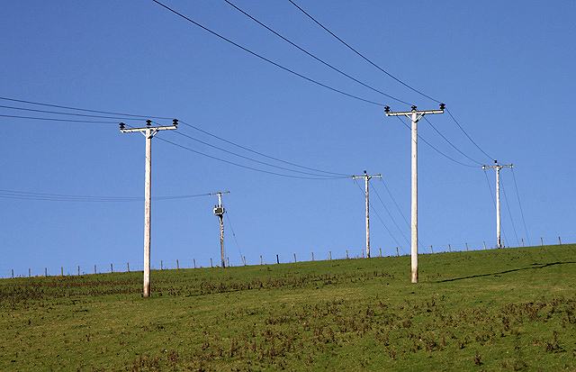 Utility poles and power lines along a road